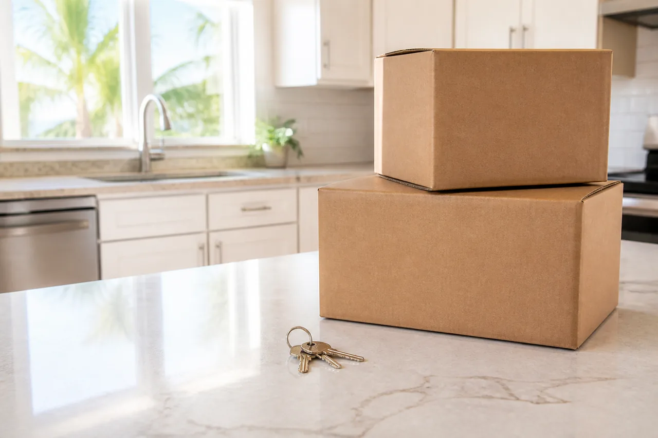 Moving boxes and apartment keys on a sunlit kitchen counter.
