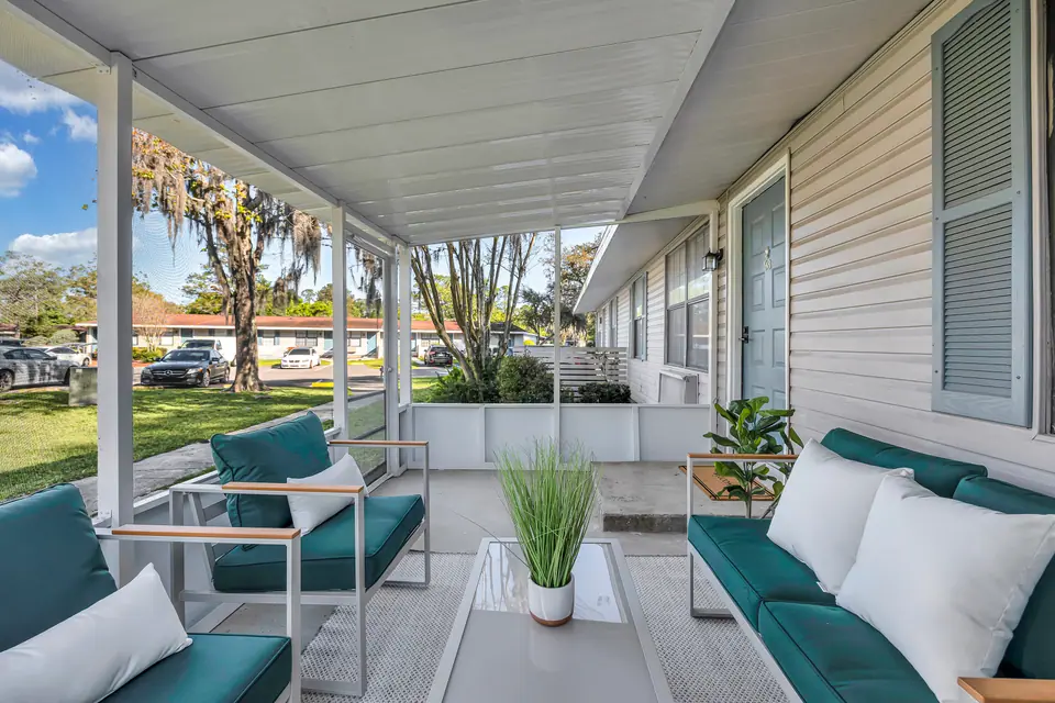 A furnished covered patio at Jax Bay in Jacksonville, Florida.