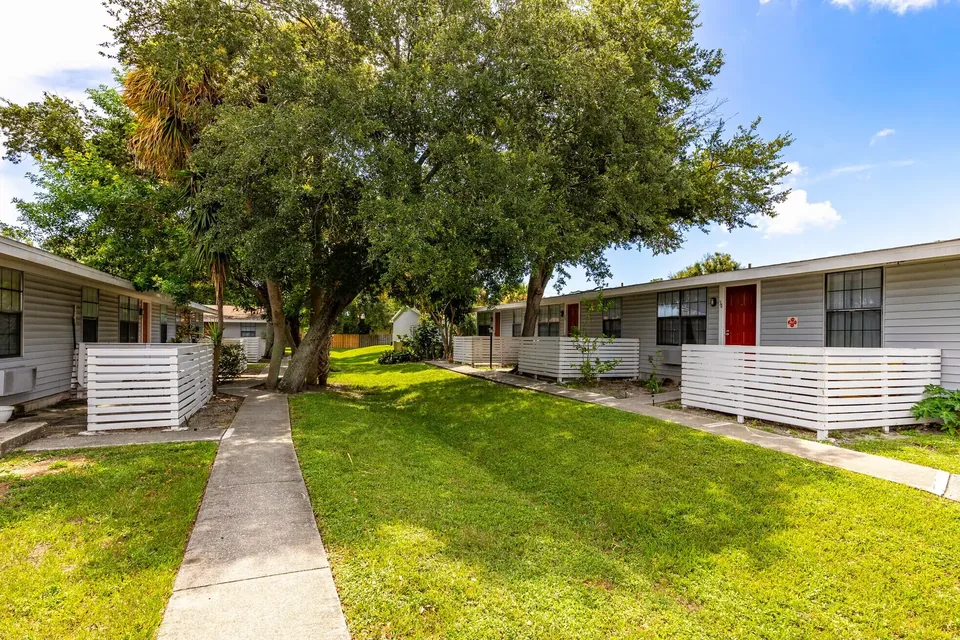 The landscaped apartment courtyard at Palm Harbor Villas in Melbourne, Florida.