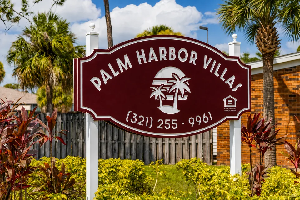 The maroon Palm Harbor Villas sign beside landscaped grounds in Melbourne, Florida.