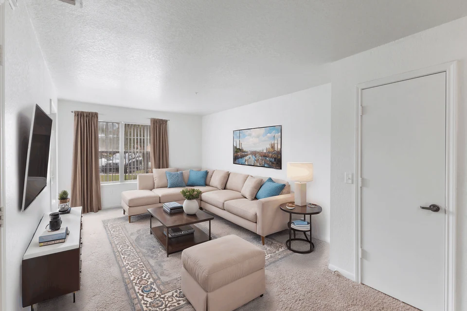 A furnished apartment living room at Sanctuary at Winterlakes in Port St. Lucie, Florida.