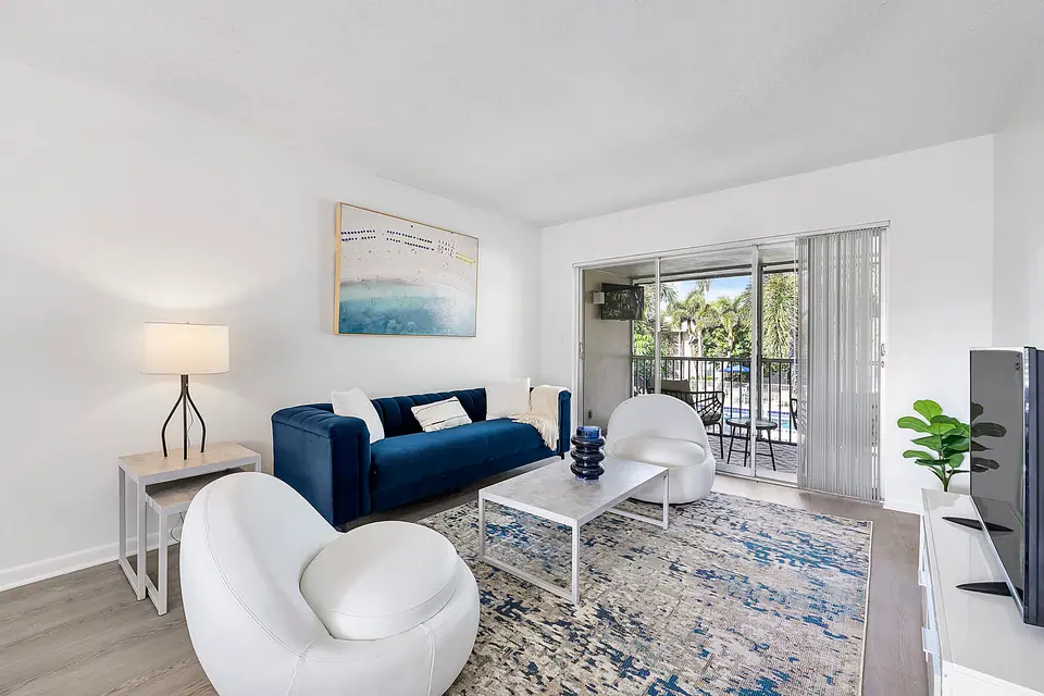 A second furnished apartment living room at Waterford Bay in Boca Raton, Florida.